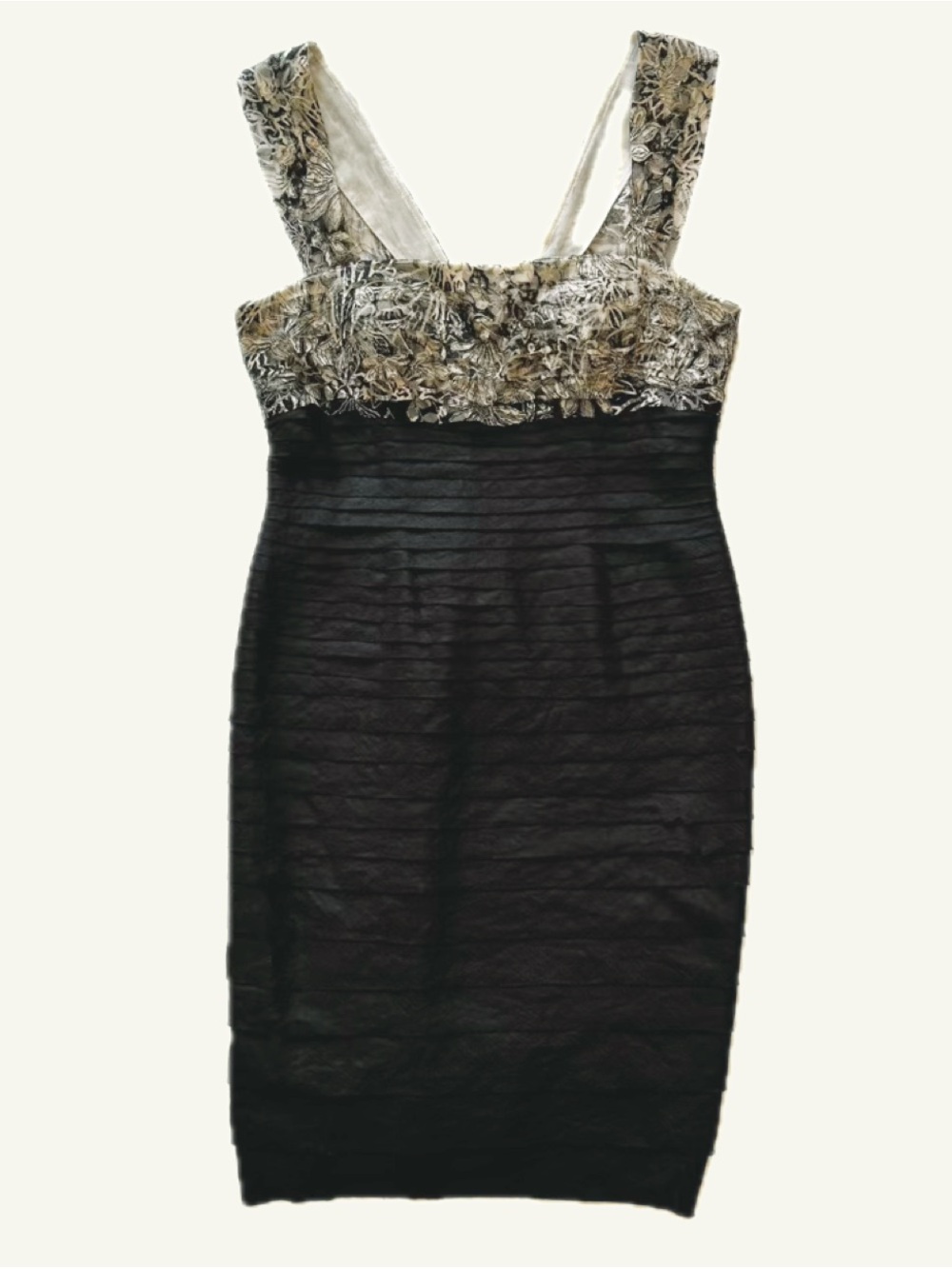 JS Collections Cocktail Dress-Black Bandage Midi with Cream and Black Bodice